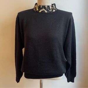 Vintage 80s Priscilla Wool Blend Mockneck Sweater Sequin Black Oversized Small